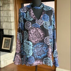 Black Sheer‎ Fluted Sleeve Blouse Large Floral Print
